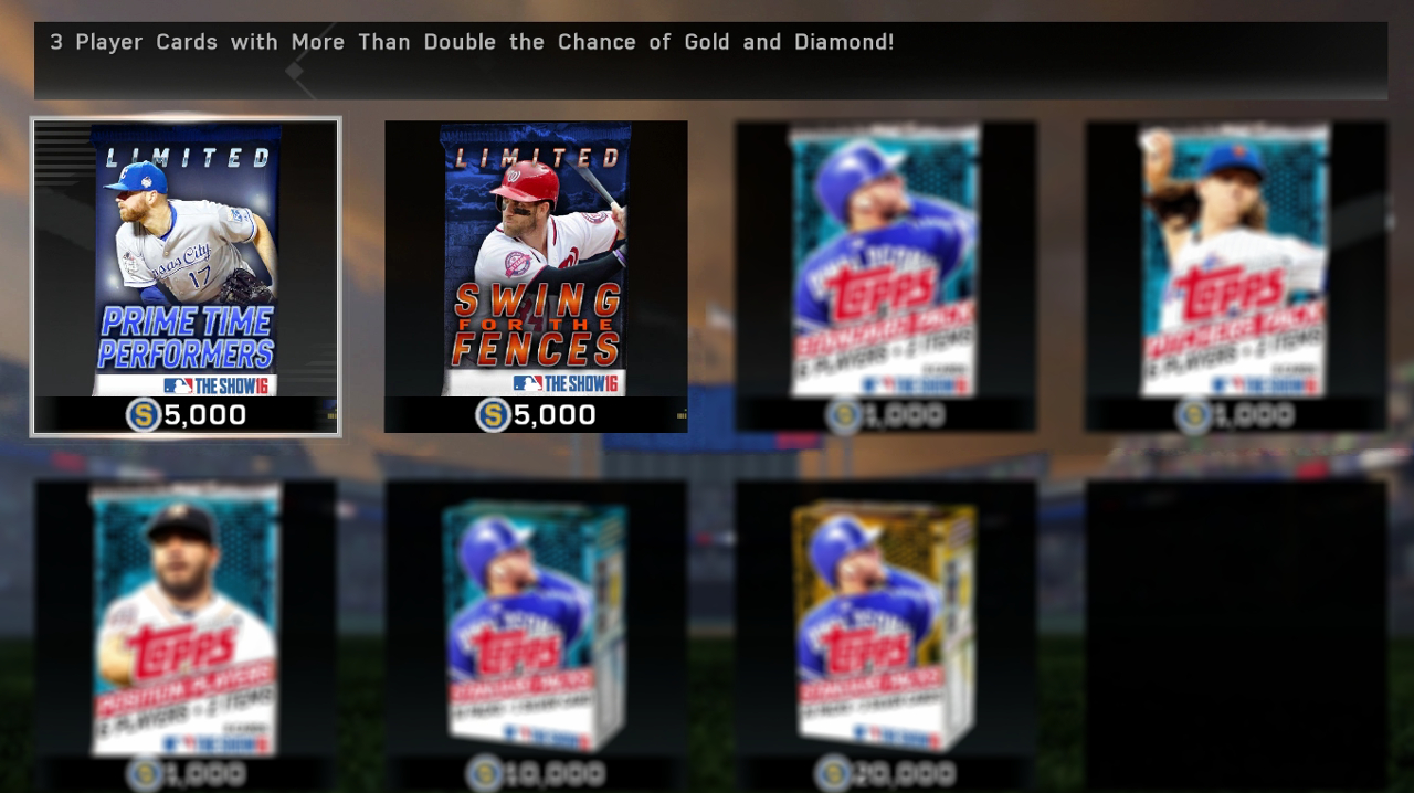 MLB The Show 16 Prime Time Performers and Swing for the Fences Packs